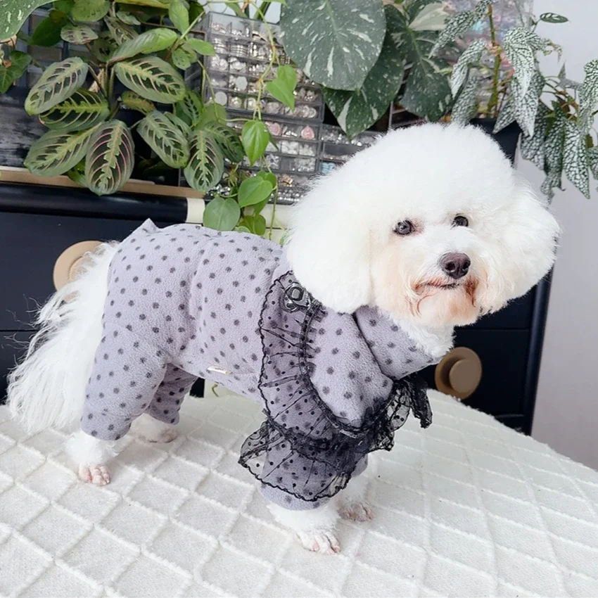 Gray Dot Print Puppy Rompers Winter New Thick Cotton Warm Wrap Belly Jumpsuits For Small Medium Dog Poodle Pet Dog Clothes hoody