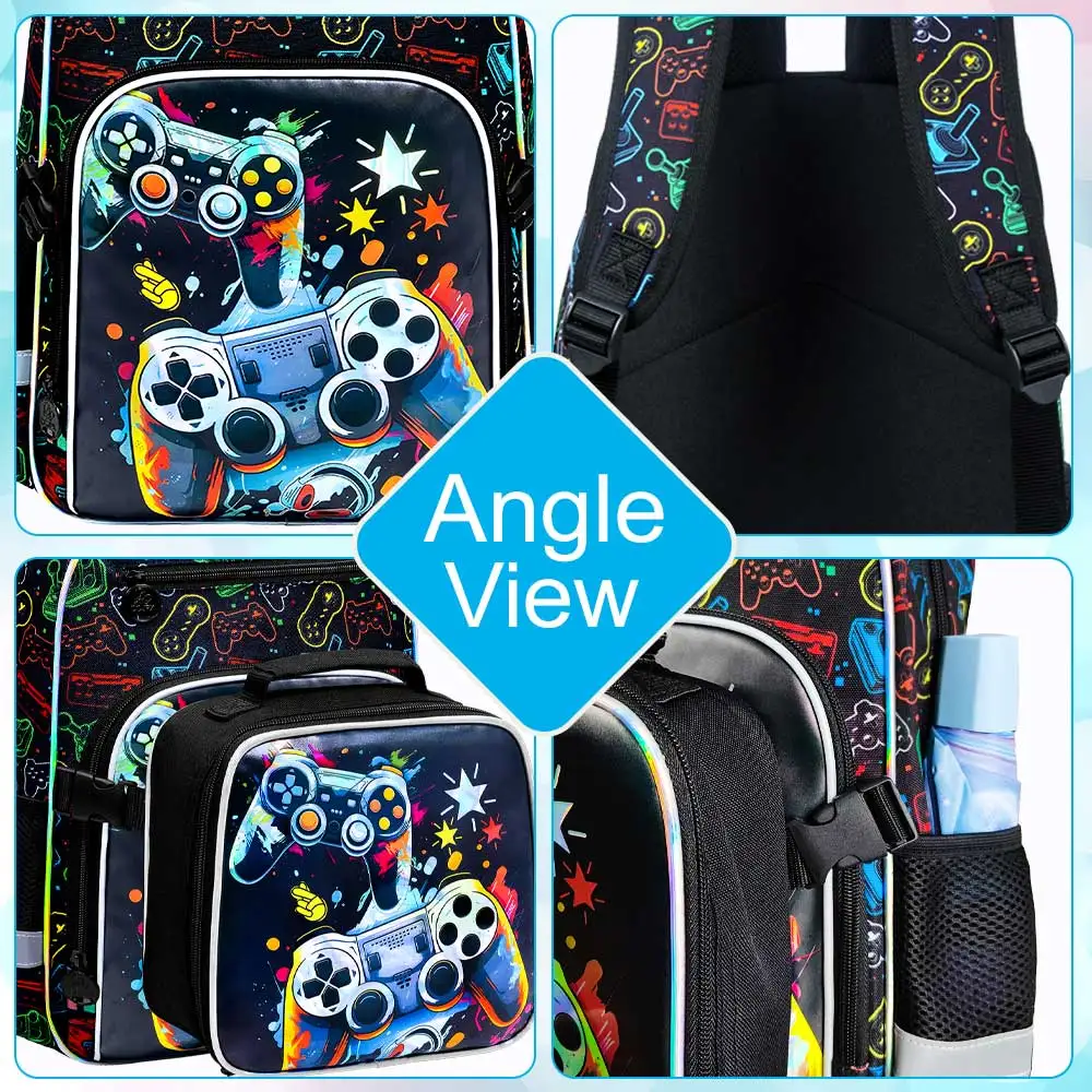 3Pcs Backpack for Boys, Cool Video Game Controller School Bag Set with Lunch Box & Pencil Case, Kids Bookbag Back to School view 2
