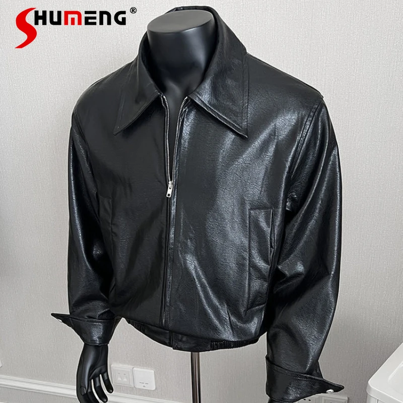 

2026 Men's Spring New Simple Fashion Lapel Faux Leather Jackets High-End Loose Comfort Coats Solid Color Faux Leather Jackets