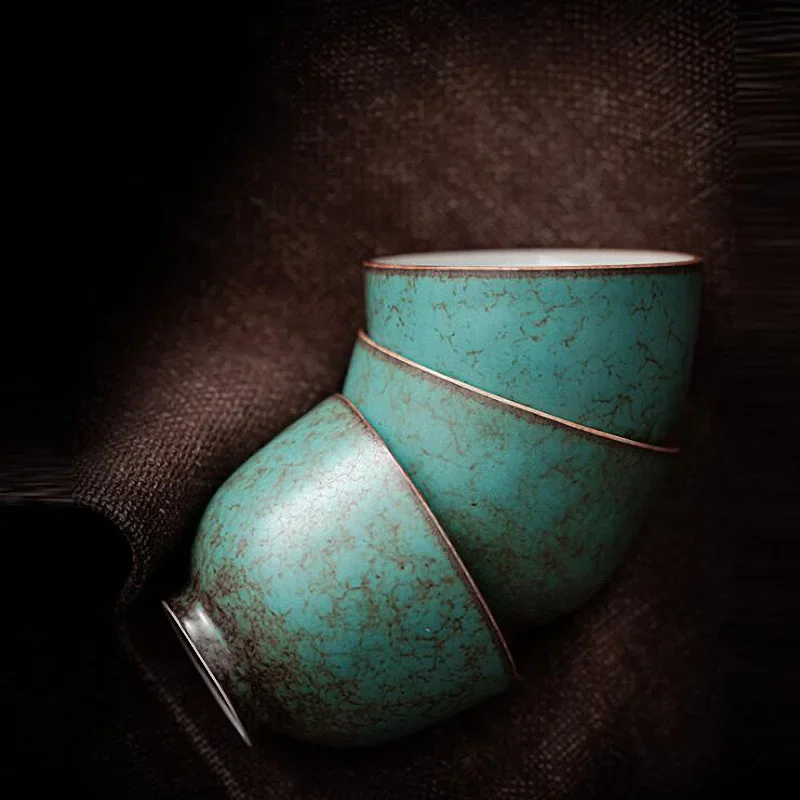 Ceramic Turquoise Glaze Teacups Coarse Pottery Kung Fu Cups Tea Traditional Chinese Heat Resistant Drinkware