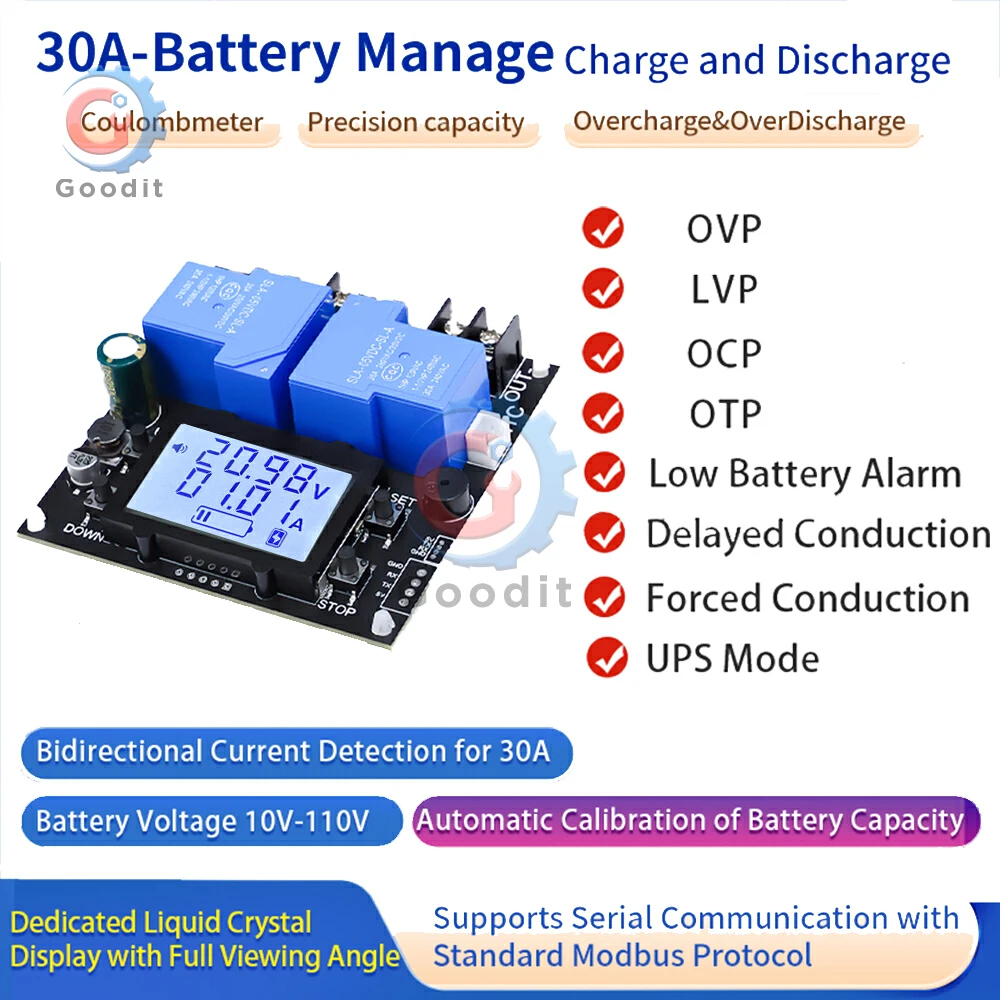 

30A 10A DC10-110V Voltmeter Coulombmeter Relay Automatic Battery Charge Discharge Voltage Current Tester Battery Level Indicator
