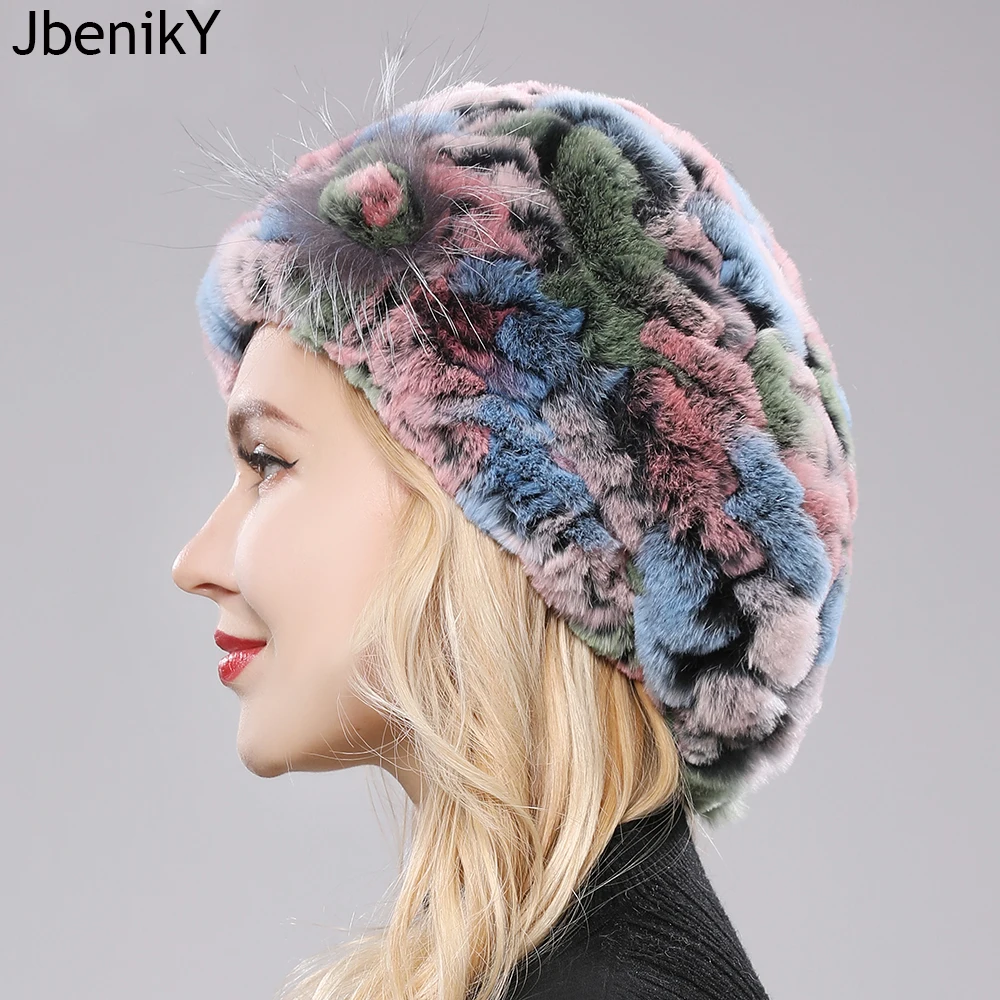 

New Arrival Lady Beret Caps Knitted Warm Real Rex Rabbit Fur Beanies Hats For Women Thick Winter Rex Rabbit Real Fur Cap