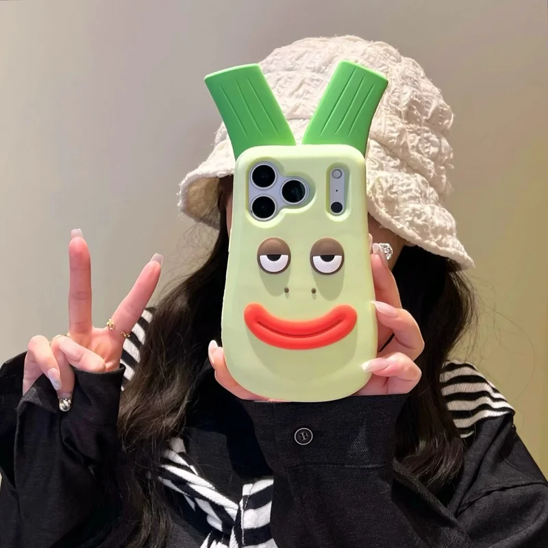 3D Cartoon Cute Sausage lips Welsh Onion Silicone Phone Case For iPhone 18 17ProMax 17 16 15 14 13 12 Pro Max Shockproof Cover