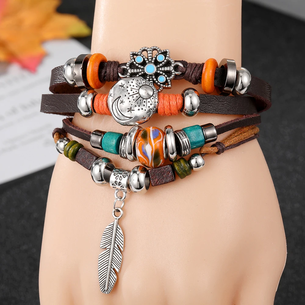 Vinatge Gothic Punk Moon Star Metal Multilayer Leather Bracelet Men Leaf Bracelets & Bangles Male Arm Sun Jewelry Wholesale