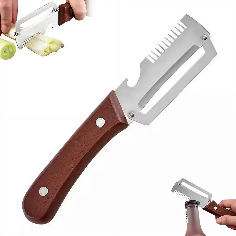 2-in-1 Stainless Steel Peeler Multi-Functional Serrated Vegetable Slicer Fruit Peeling Slicing Wooden Handle New Kitchen Knife