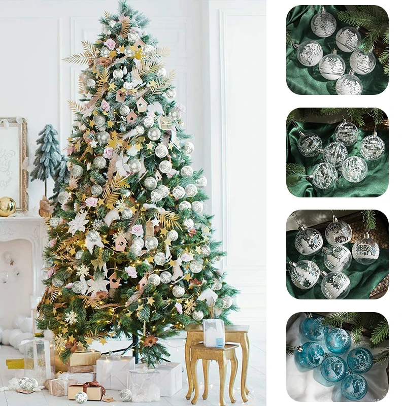 6pcs Transparent Christmas Balls Ornaments Acrylic Painted Snowball Diy Xmas Tree Hanging Pendant New Year Party Home Decoration