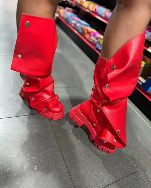 

Rivet Pleated Leather Knee High Boots Women Round Toe Chunky Heel Platform Slip On Orange Biker Boots New Fashion Trouser Boots
