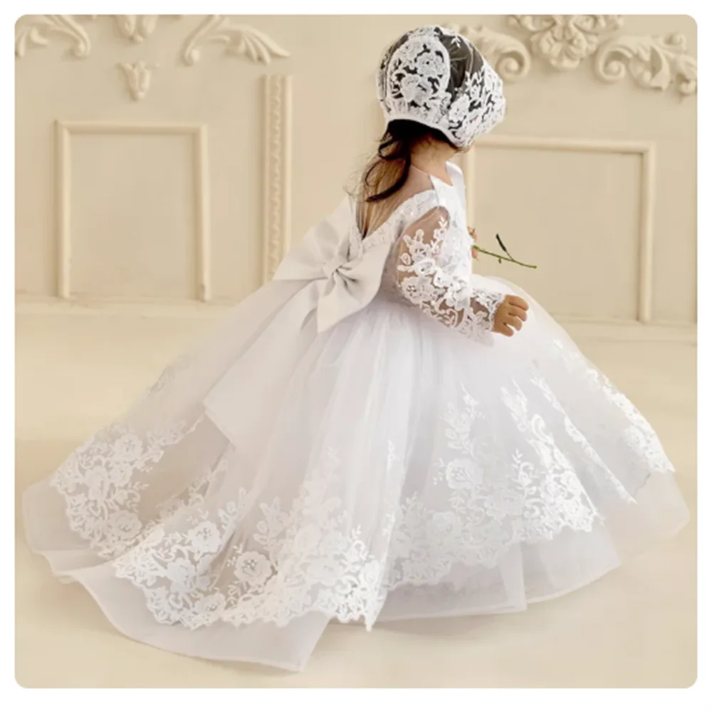 White Lace Flower Girl Dresses Tulle Full Sleeve Puffy For Weddings Kids Birthday Party Pageant First Communion Ball Gowns