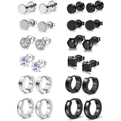 12 Pairs Popular Black And Silvery Stud Earrings Set, Stainless Steel Stud Earrings For Men And Women