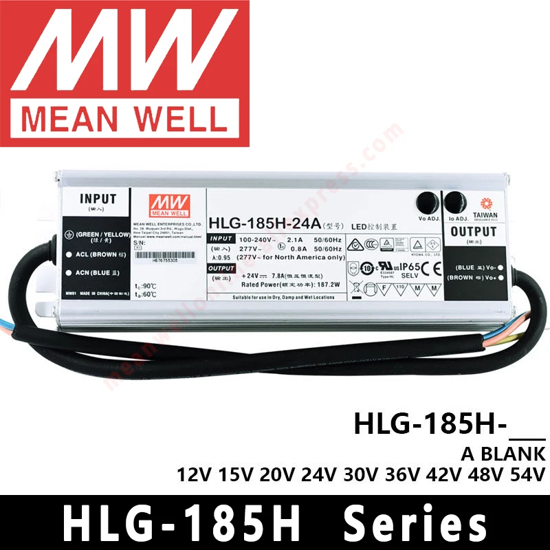 

Mean Well HLG-185H-12A/15A/24A/30A/36A/42A/48A/54A/12B/24B/36B/48B/54B Constant Voltage/Constant Current 185W AC/DC LED Driver