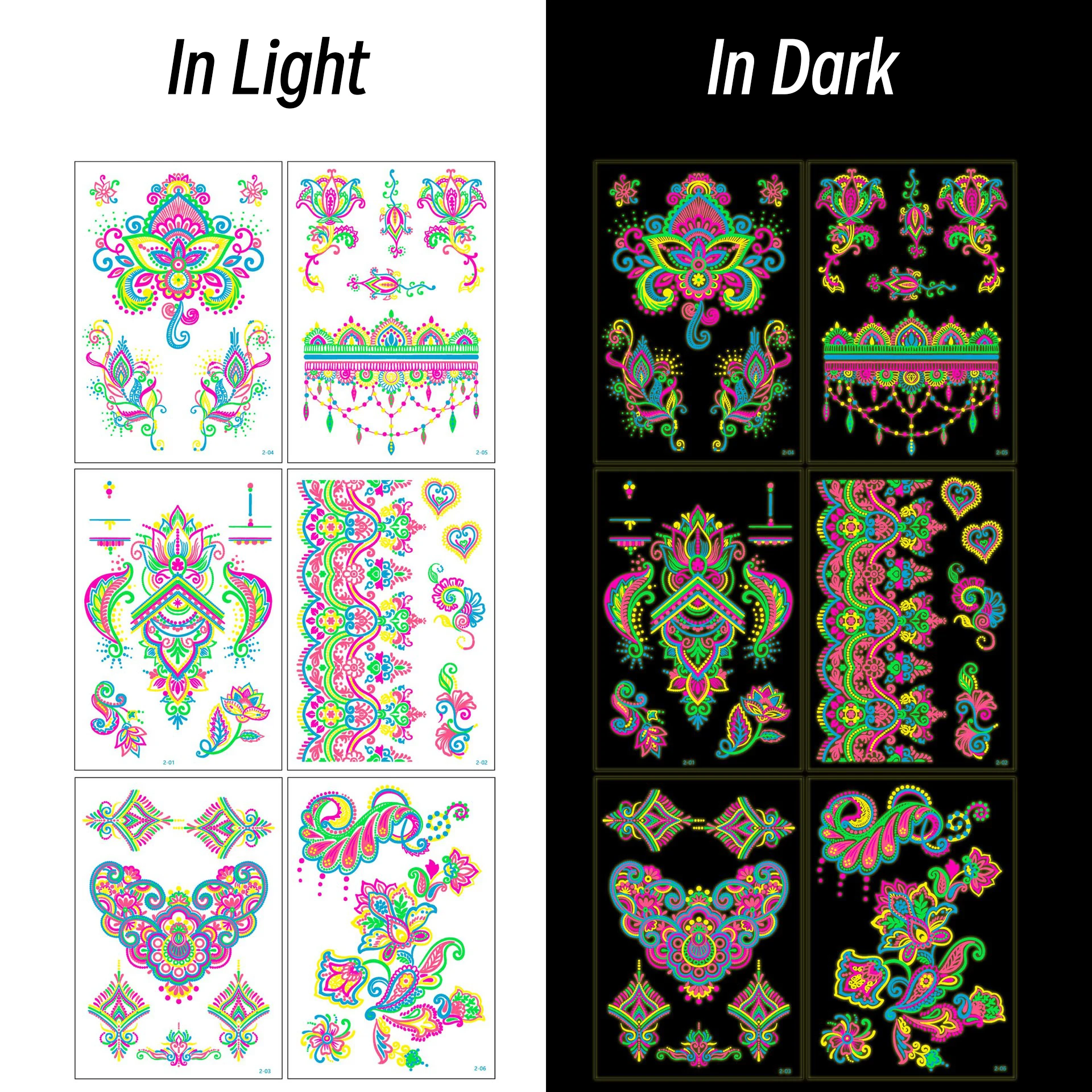 6 قطع من الوشم المؤقت المتوهج في الظلام نيون/الضوء الأسود ملصقات مقاومة للماء قابلة للتنشيط للحفلات الموسيقية/المهرجانات/المتوهجة* #2