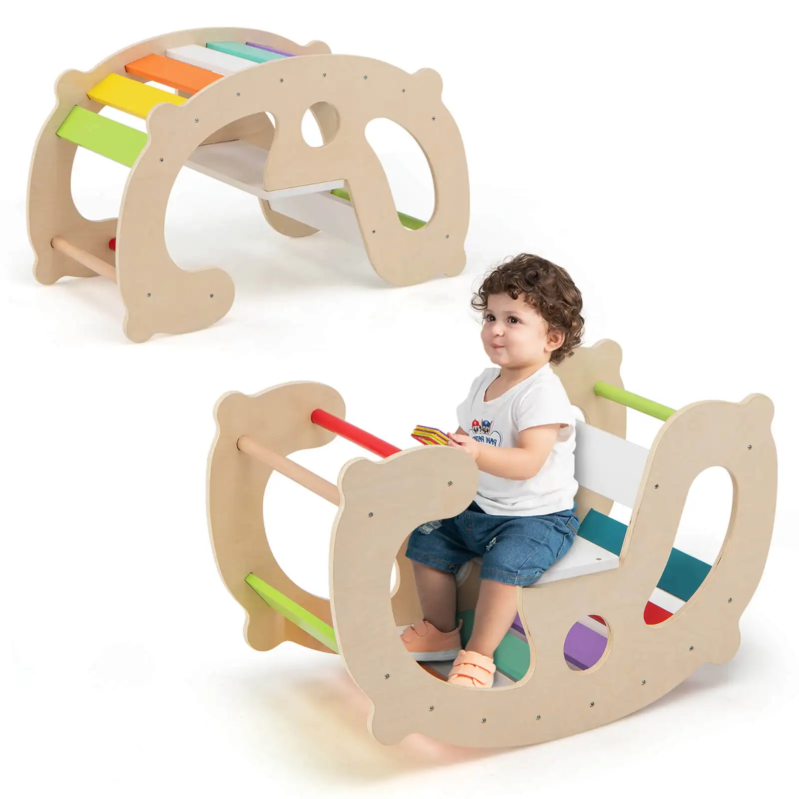 

2-in-1 Rocking Horse Arch for Kids Montessori Climbing Toys with Rocker