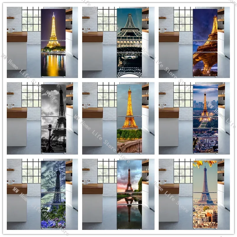 

Eiffel Tower Refrigerator Magnet Full Door Cover France Paris Fridge Sticker Removable Wallpaper Decal Home Kitchen Decor Mural