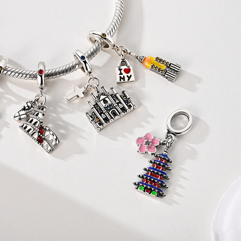 Original 925 Sterling Silver Charms Beads Paris Eiffel Castle Church Pendant Fit Bracelet Bangle Pendant Women DIY Jewelry Gift
