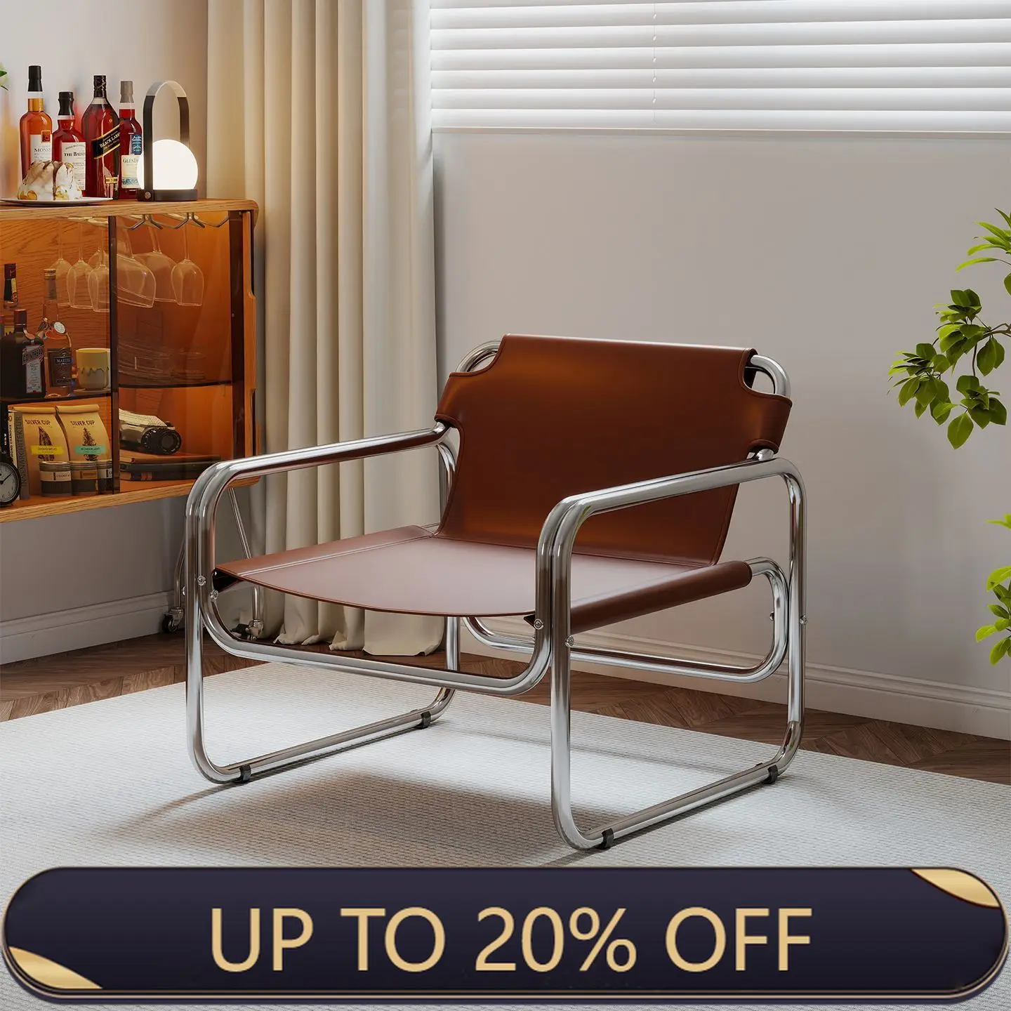 Modern Leather Accent Armchair Chrome Frame Lounge Chair For Living Room Bedroom Office Balcony Guest Reception Armchair