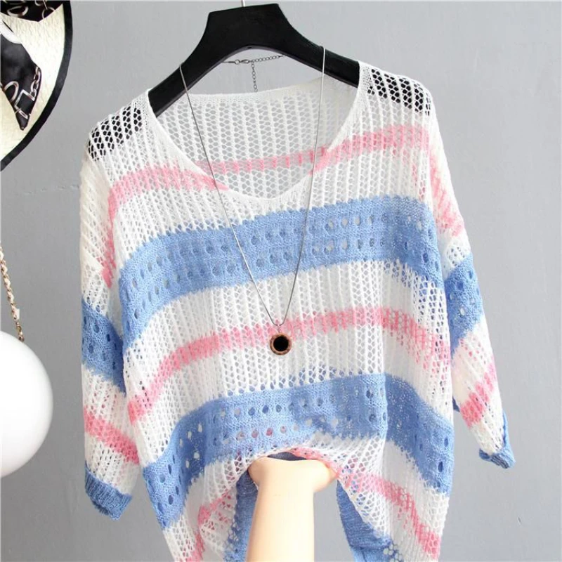 

New High-quality Stripe V-Neck Hollow Out Shirt Women Ice Silk Knitted Sweater Loose Blouse Thin Clothing Korean Fashion