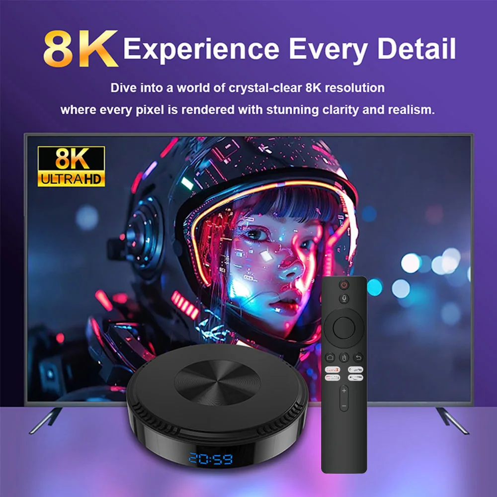 Velec صندوق التلفزيون الذكي مع جهاز التحكم عن بعد الصوتي Android 14 2 + 16 GB معالج رباعي النواة لمشغل الوسائط الترفيهي المنزلي NETFLIX Youtube