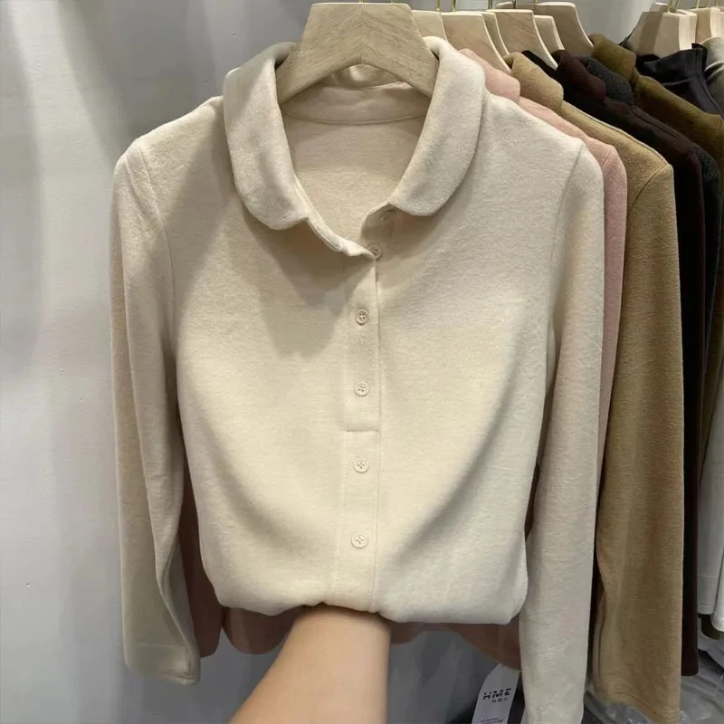 Fashion Warm Bottom Top 2025 Autumn and Winter Women's POLO Collar Single Breasted Double Sided German Velvet T-shirt