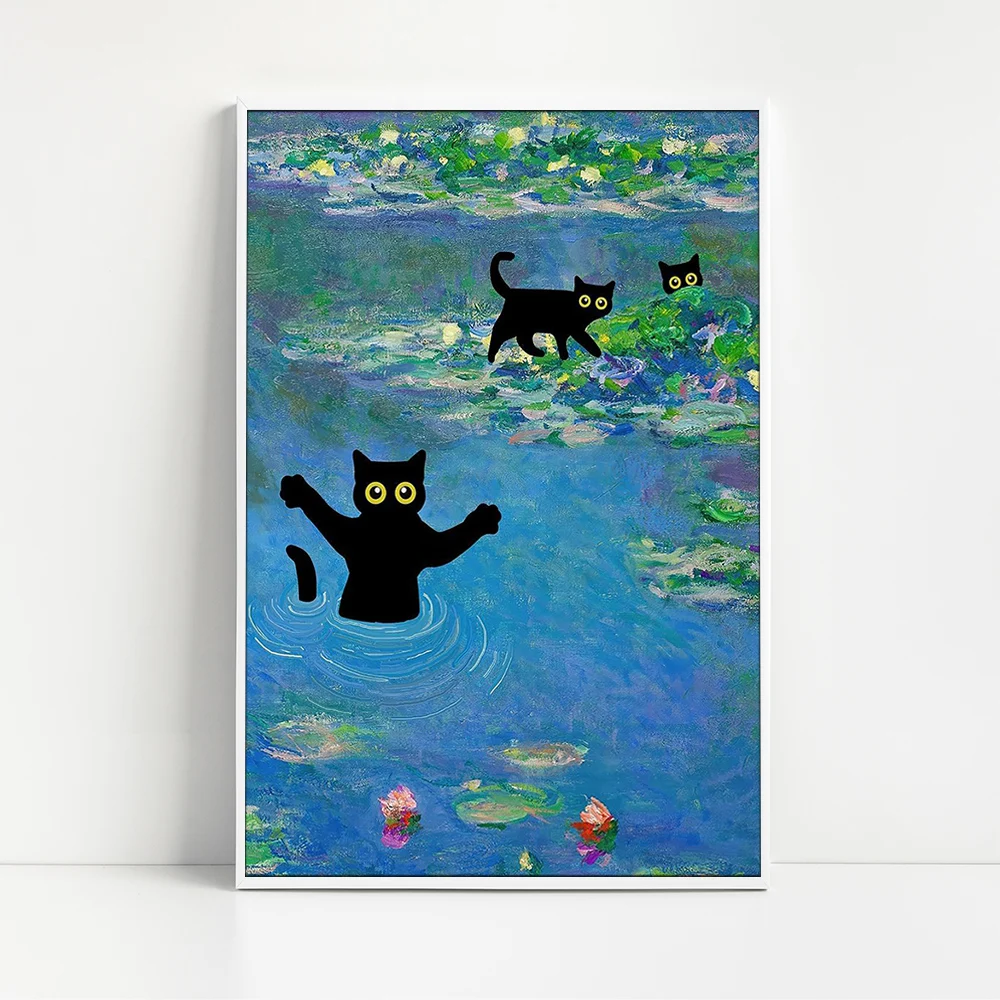 

Pond with Water Lilies and Cats Wall Art Canvas Painting Funny Picture Mural Wall Decoration for Home