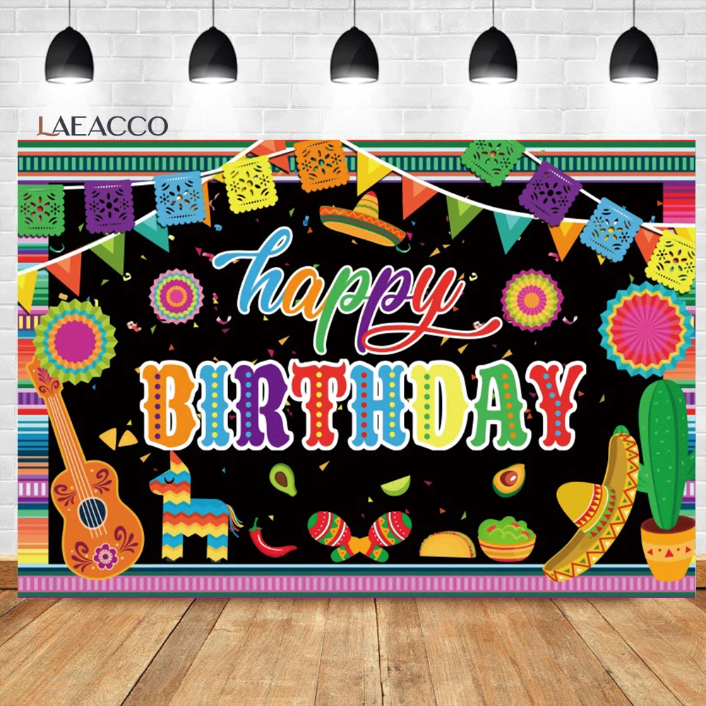 

Laeacco Mexican Fiesta Backdrop for Photography Festival Carnival Color Flags Floral Kid Birthday Portrait Customized Background