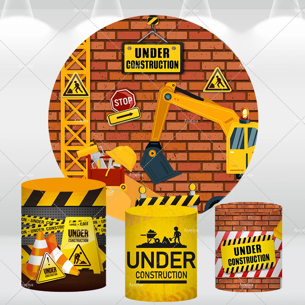 

Under Construction Birthday Round Backdrop for Boy Party Decor Excavator Truck Baby Shower Circle Background Cake Table Banner