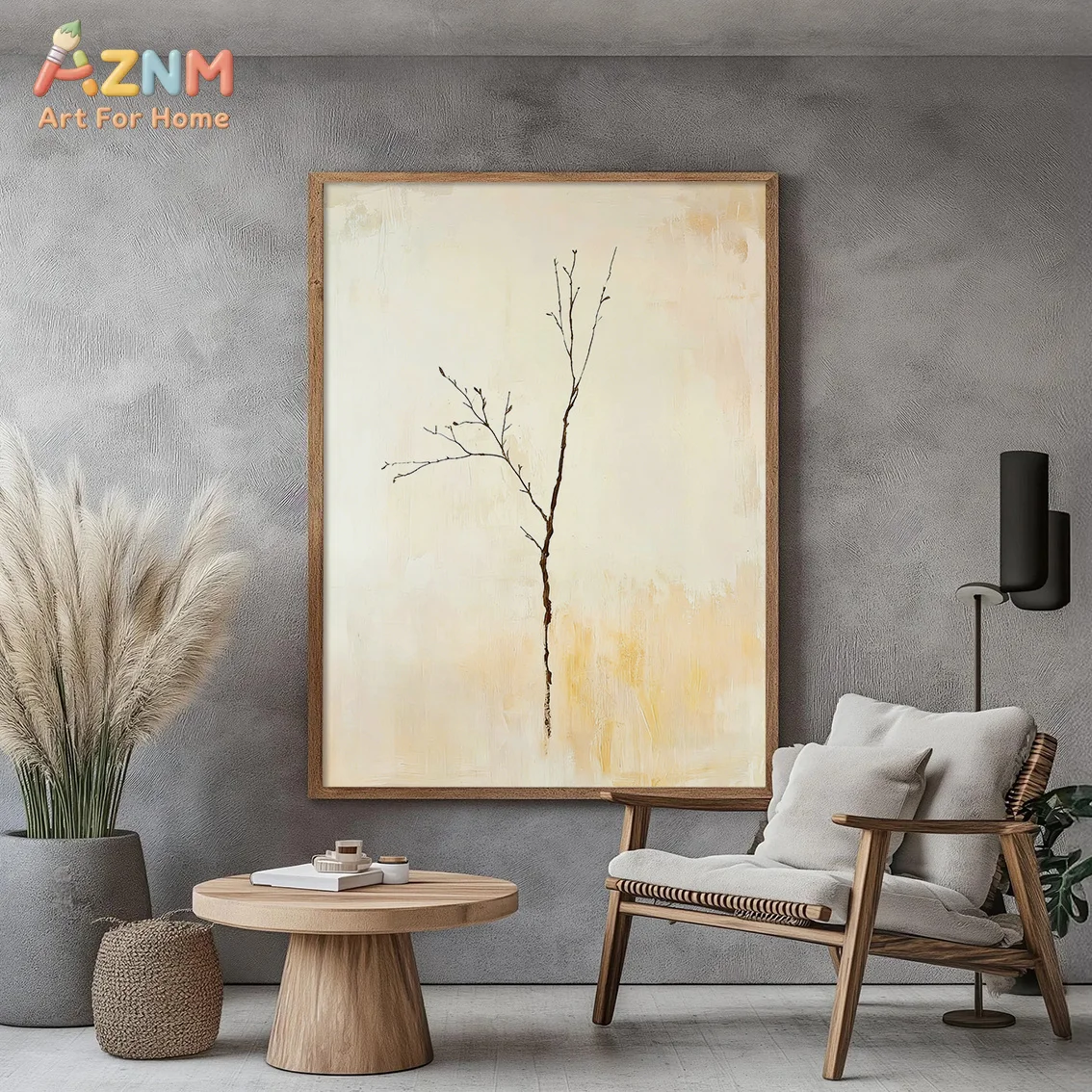AZNM Wabi Sabi Minimalist Dry Branch Canvas Wall Art Neutral Beige Textured Abstract Painting Unframed Canvas Print Living Room