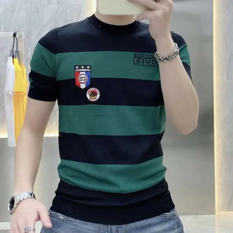 2023Tee Shirt Homme Personalized Striped Contrast Heat Drill Slim Fit Elastic Ice Silk Short Sleeve T-shirt Round Neck MenTshirt