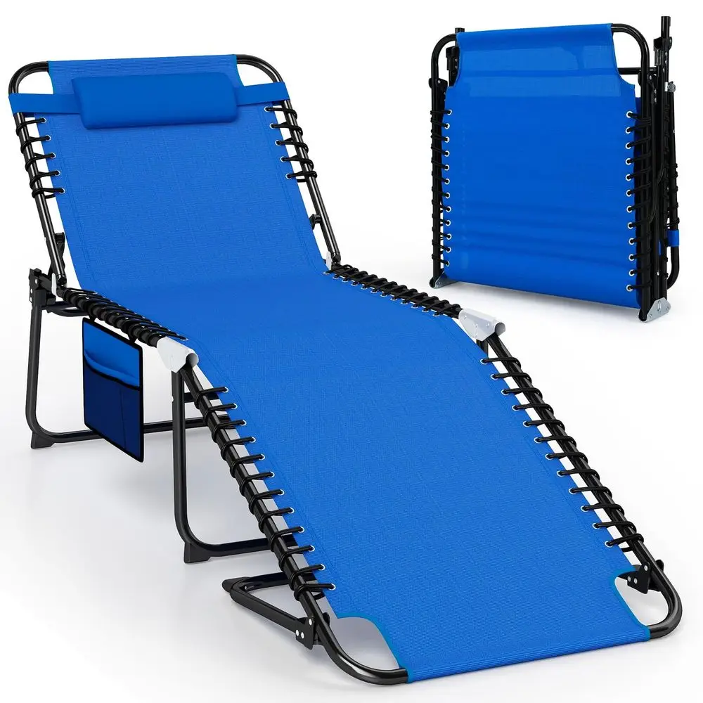 

Lounge Chair Outdoor, Folding Tanning Chair with 4 Adjustable Positions, Removable Headrest, Footrest, Side Pocket, Load 440 Lbs