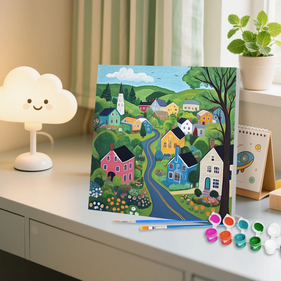 

RUOPOTY Oil Painting By Numbers 20x20cm ready Frame Picture Drawing House Scenery For Beginner Simple Crafts Wall Decororation