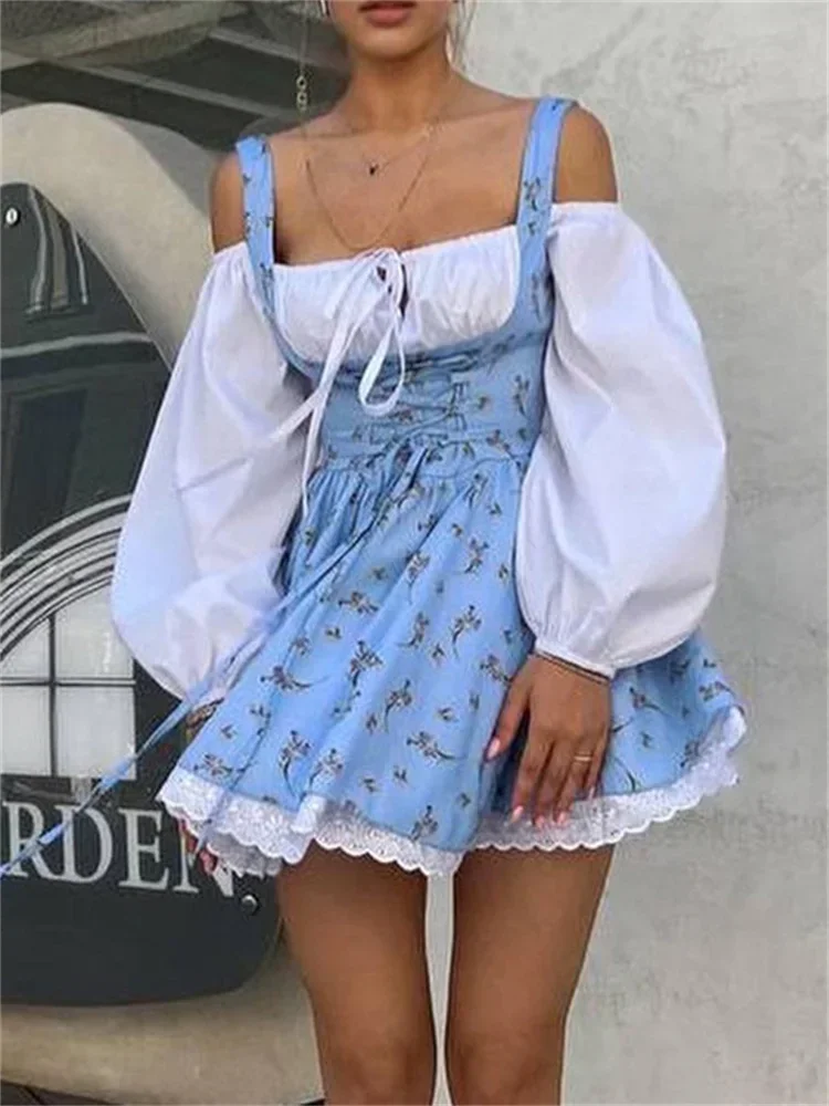 Printed Bandeau 2 Piece-Set Mini Dress Female Lace Patchwork Off-Shoulder Summer Square Collar Fashion Party Female Dress