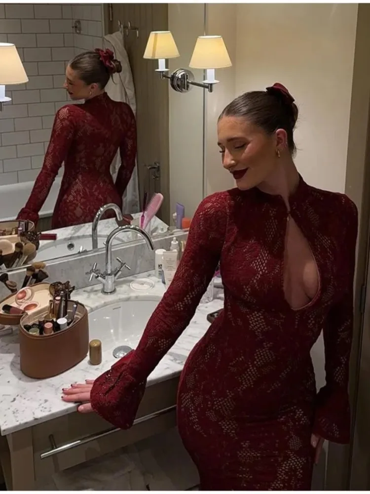 فستان نسائي صيفي جديد مثير من الدانتيل الشفاف بأكمام مضيئة ، فساتين ضيقة للسيدات ، ملابس أنيقة للحفلات والنوادي