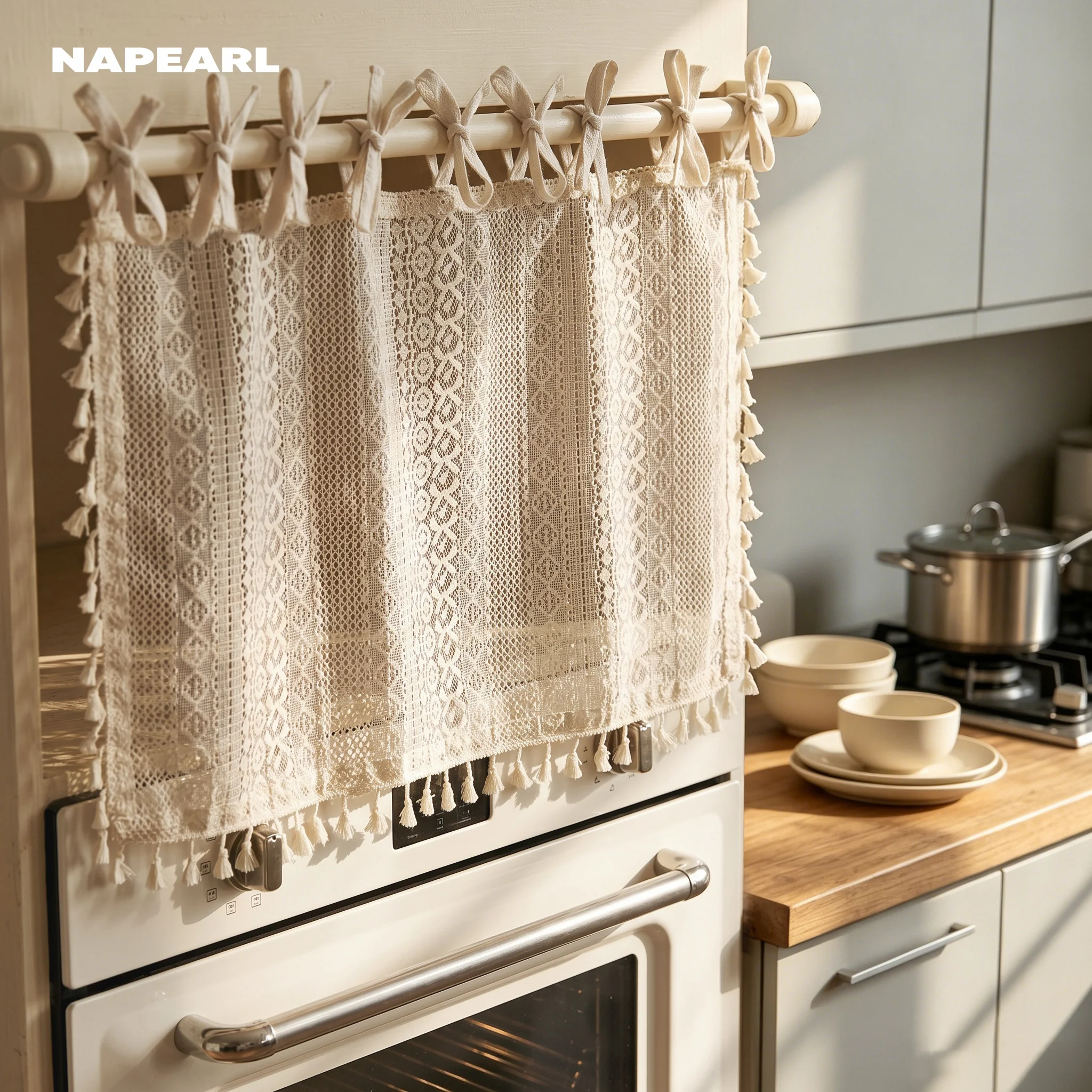 Vintage Farmhouse Beige Lace Tassel Half Curtain Knotted Tie Top Small Window Curtain Rustic Kitchen Oven Door Cover Curtain