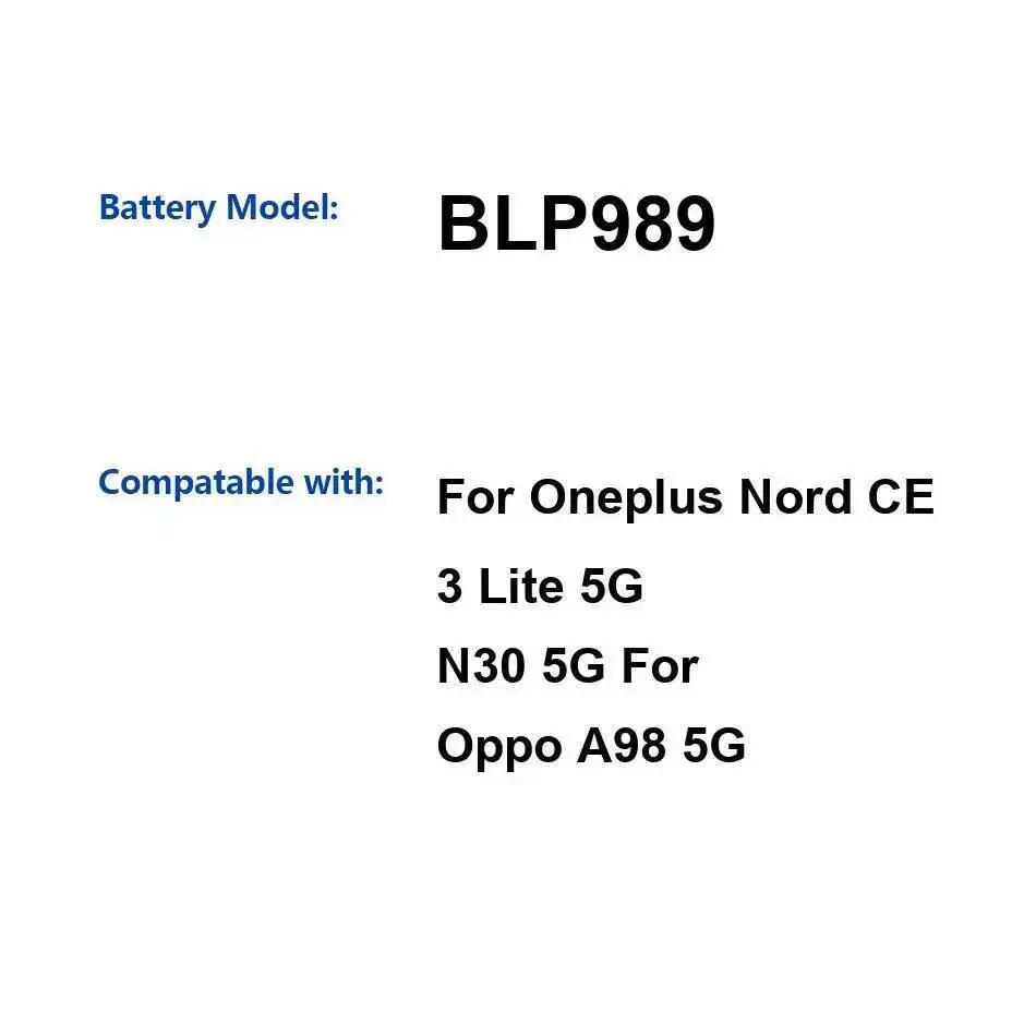 

Mobile Phone Battery 5000Mah Reliable Power Supply High Performance BLP989 For Oneplus Nord CE 3 Lite 5G N30 Oppo A98
