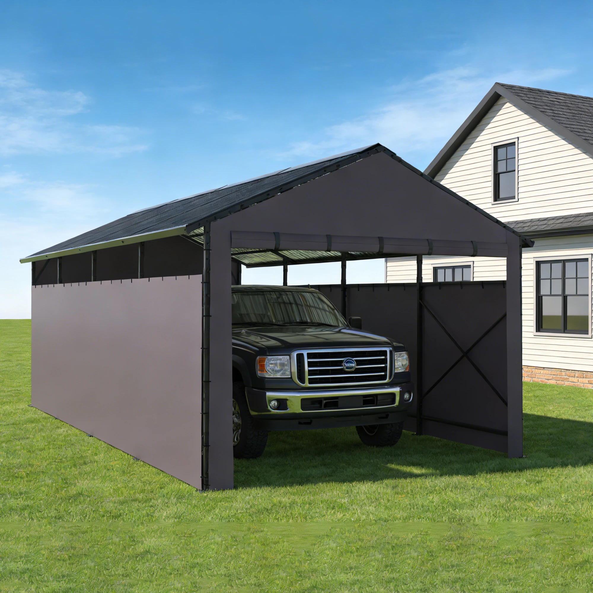 22x11 FT Heavy Duty Metal Carport with Oxford Cloth Enclosure,Reinforced Frame&Steel Roof for All-Weather Use,for Pickup Trucks