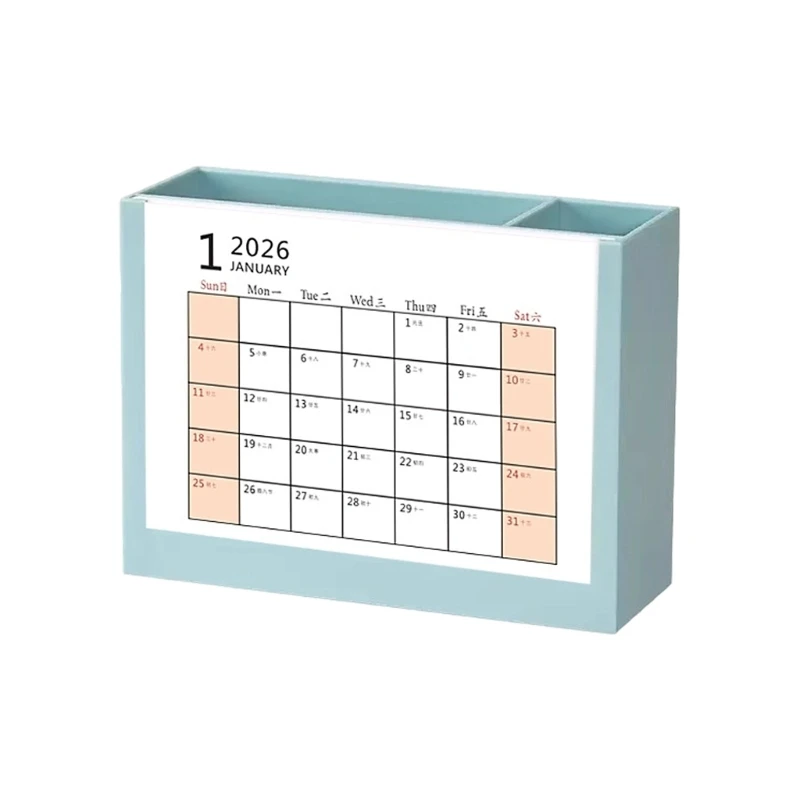 K9FC Desktop Pen Organiser Plastic Pencil Cup with 2026 Monthly Calendar for Office