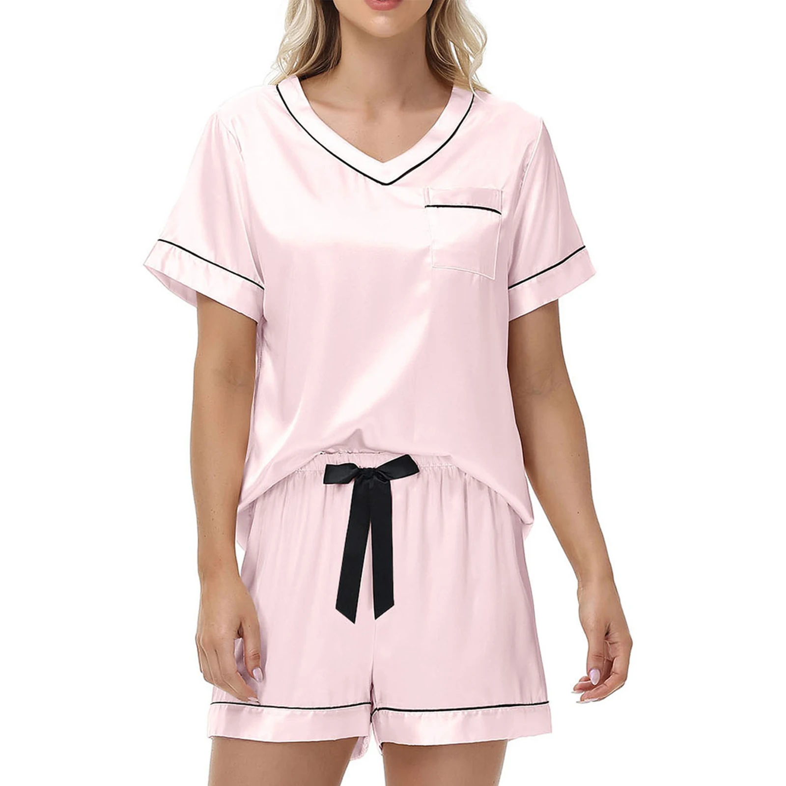 

Women Sexy Ice Silk V-Neck Short Sleeve Shorts Pajamas Set Trendy Comfortable Stylish Daily Home Wear Ladies Loungewear