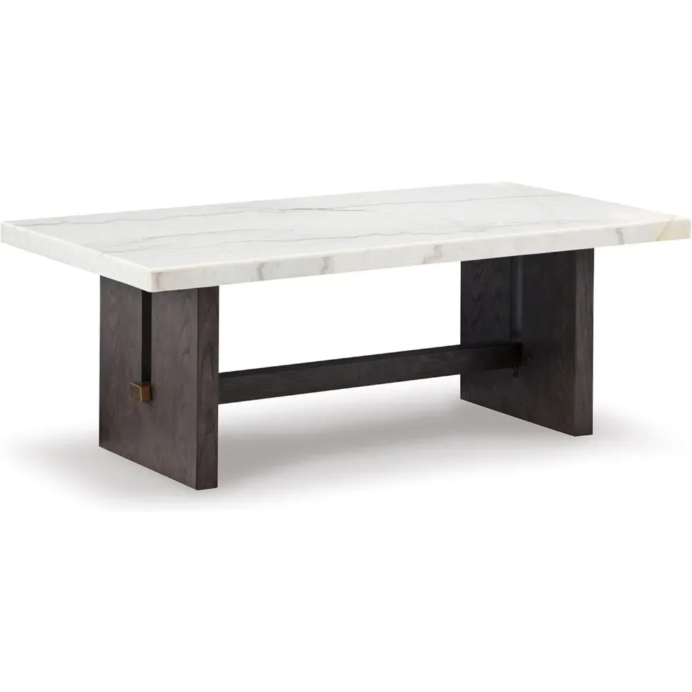 Traditional Rectangular Coffee Table with Marble Tabletop, Dark Brown & White，For living room, bedroom, office