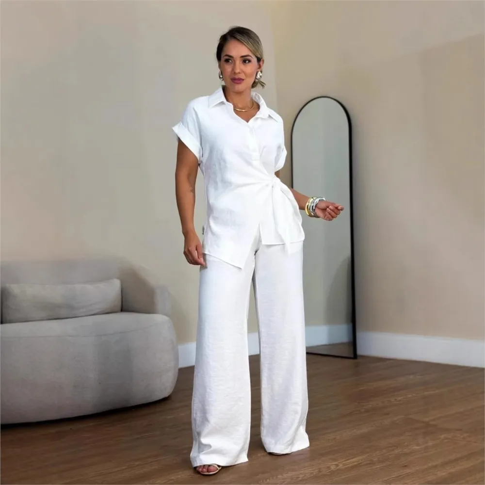 

Модные женские рубашки с короткими рукавами и лацканами, брюки, комплект из 2 предметов, весенние новые свободные широкие брюки на талии, женский офисный костюм