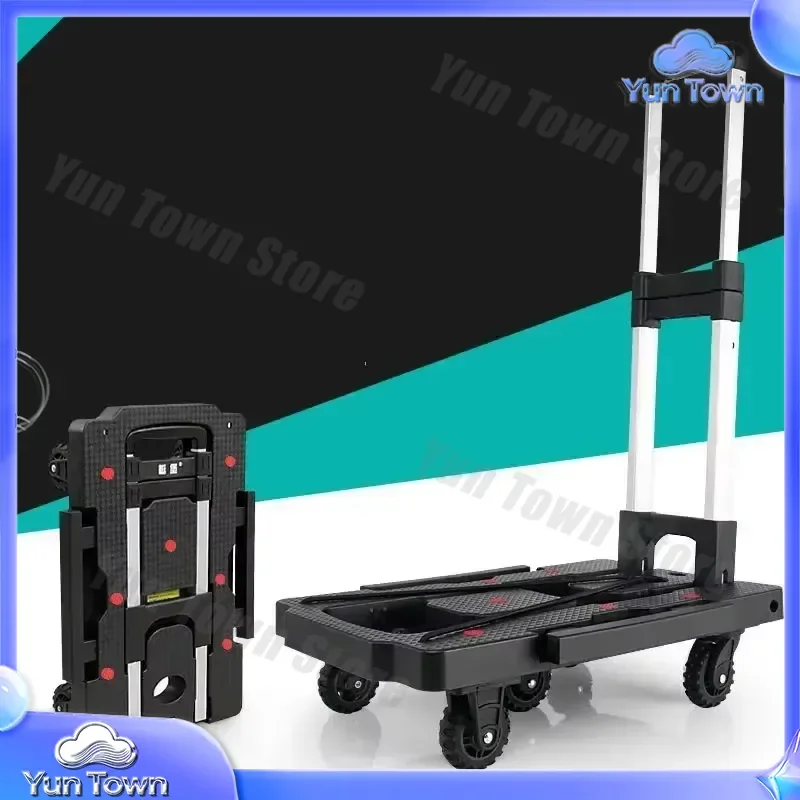 Portable Folding Aluminum Cart Dolly for Luggage Storage Tool Transport Trolley with 4 Wheels Collapsible Carry-on Black for