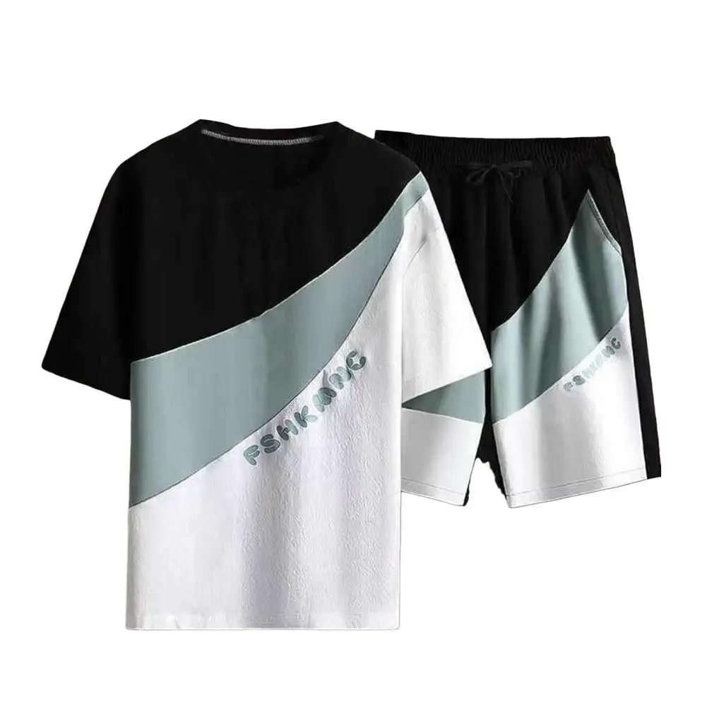 Men Activewear Set Men's Summer Sportswear Set with O-neck T-shirt Wide Leg Shorts Patchwork Color Design for Outdoor Activities