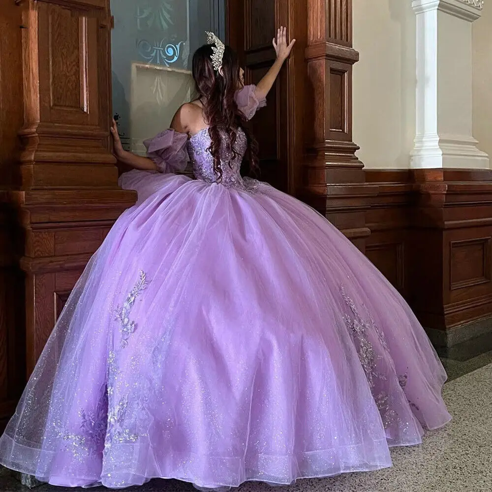 ANGELSBRIDEP сиреневые платья Quinceanera с короткими рукавами-фонариками 3D Цветочная аппликация кружева милое 16 нарядное платье Бальные платья