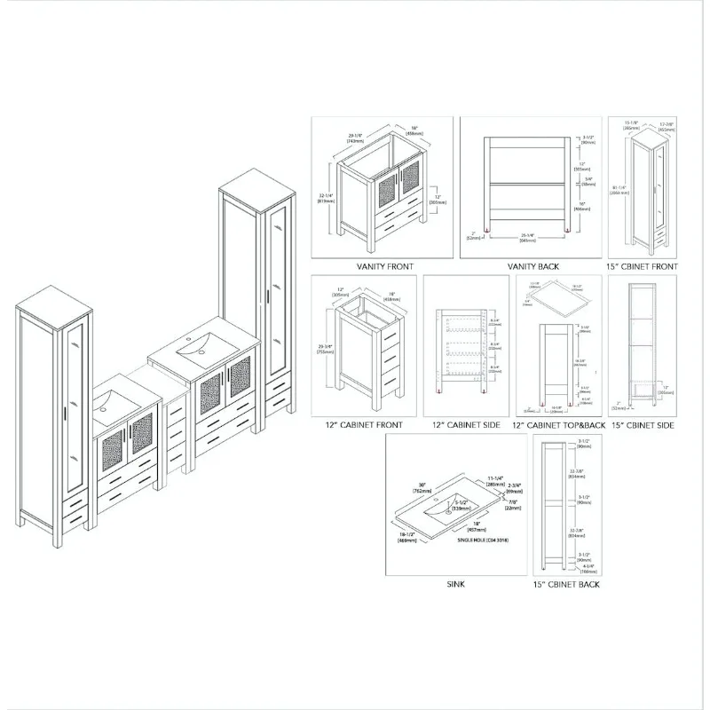 casa.102-In. Vanity da bagno doppio in legno massello con lavandini in ceramica, armadietto laterale e armadio in lino con doppio specchio |   Freestandi