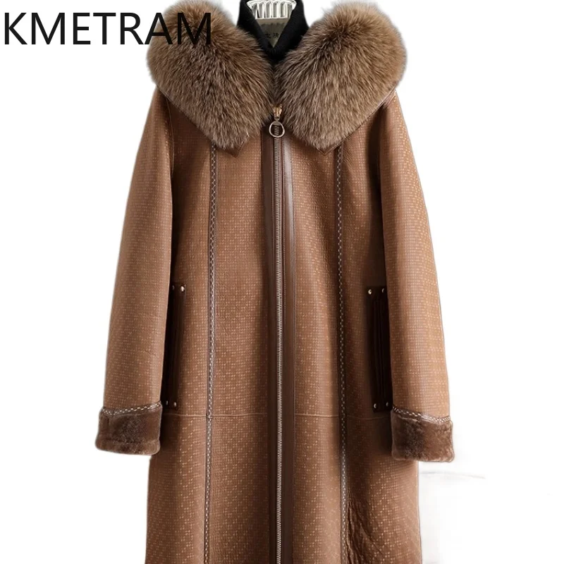 

KMETRAM Natural Sheepskin Wool Fur Coat Fox Fur Collar Clothes for Woman Hooded Luxury Mid Length Winter Outerwears 2025 пальто