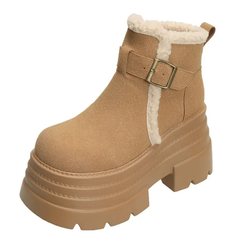 

10CM High Winter Platform Snow Boots for Women Fashion Warm Thick Bottom Ankle Boots Design Belt Buckle Cotton Shoes for Women