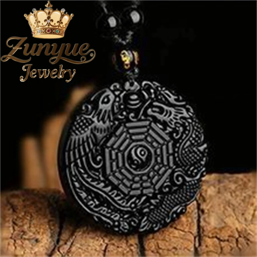 Obsidian Dragon And Phoenix Auspicious Necklace, Single-Sided Bagua Pendant For Good Fortune, Fashionable Pendant Ensure Safety