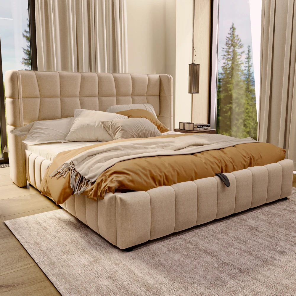 180x200cm gepolstertes Doppelbett mit pneumatischer Stauraum-Lattenrostunterlage und Rückenlehne – Leinenrahmen für Erwachsene und Jugendliche (ohne Matratze)