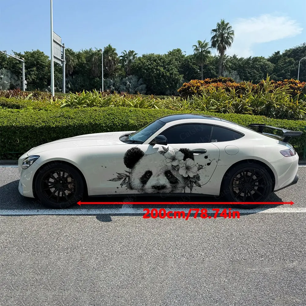 2pcs Black & White Floral Splatter Panda Car Side Wrap, Self-Adhesive PVC Waterproof & Scratch-Resistant Stickers, Car Accessory