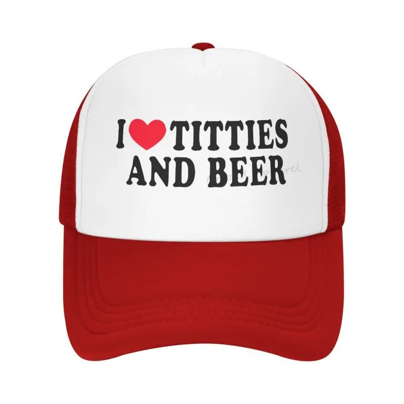 I Heart Titties and Beer - Love Funny Gag - Vintage Retro Style Trucker Cap Hat for Men and Women