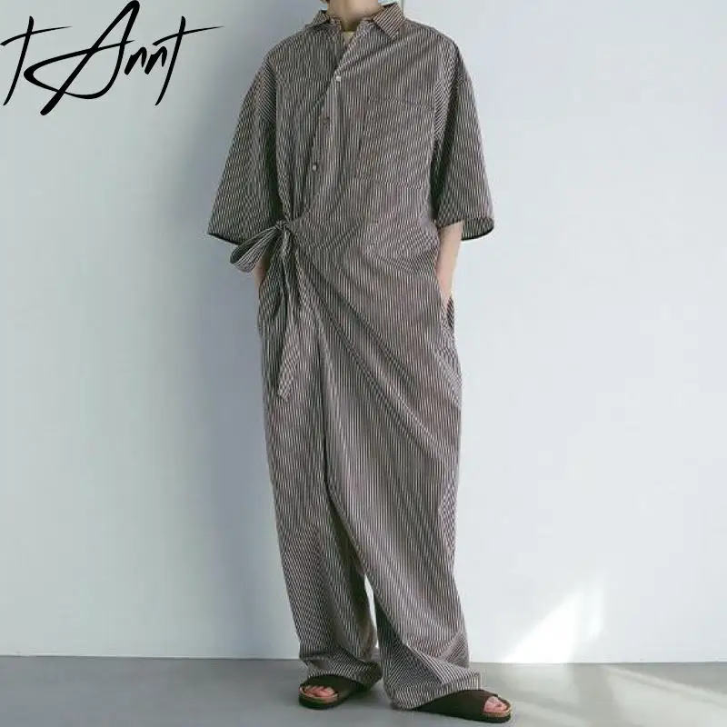 

Tannt Women Jumpsuits Short-sleeved Bandage Striped Long Women Jumpsuits Fahion Casual Vintage Women Rompers 2025 New