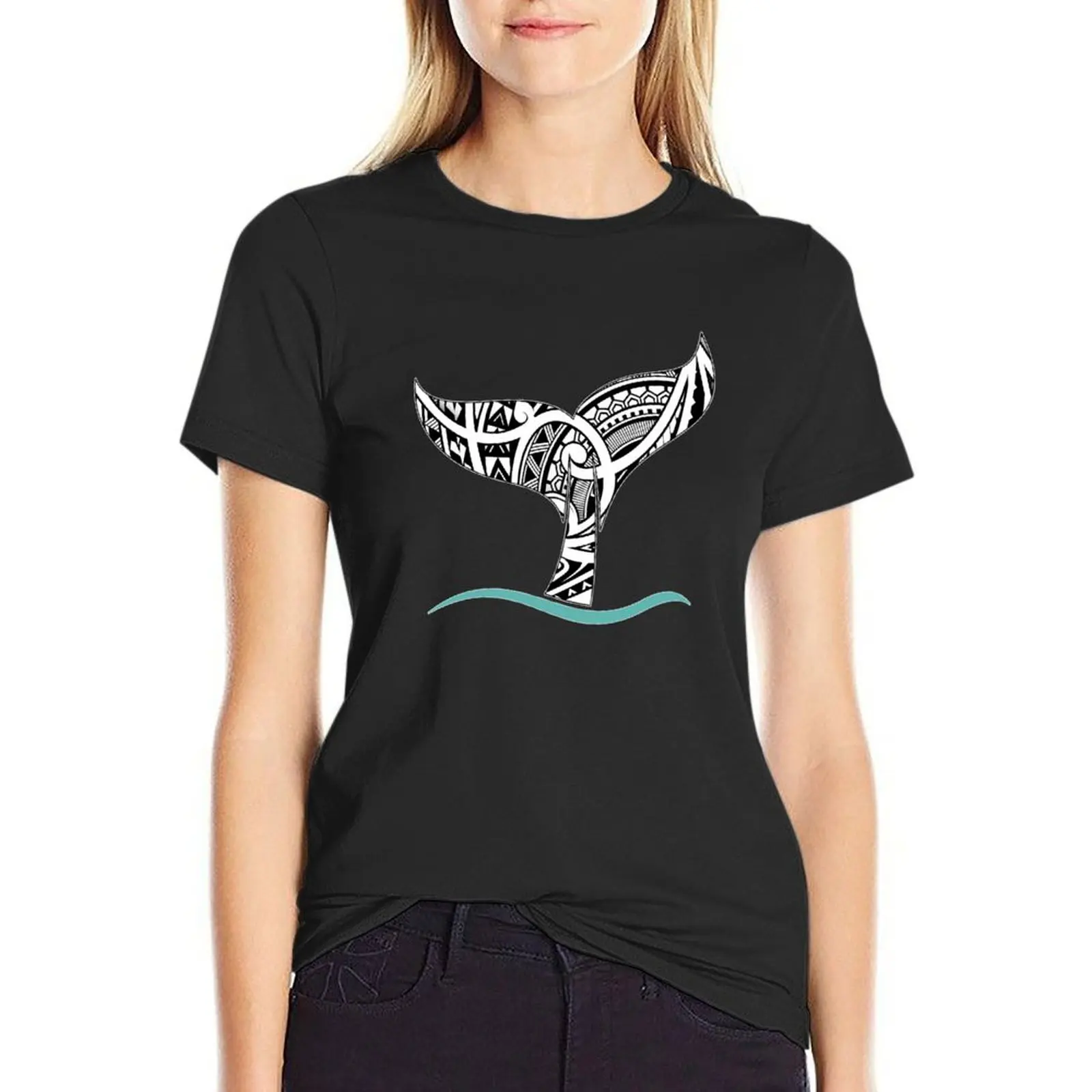 Whale Tail: Polynesian Black and White Tatau Inspired pattern T-Shirt Female clothing tops summer top tshirts for Women